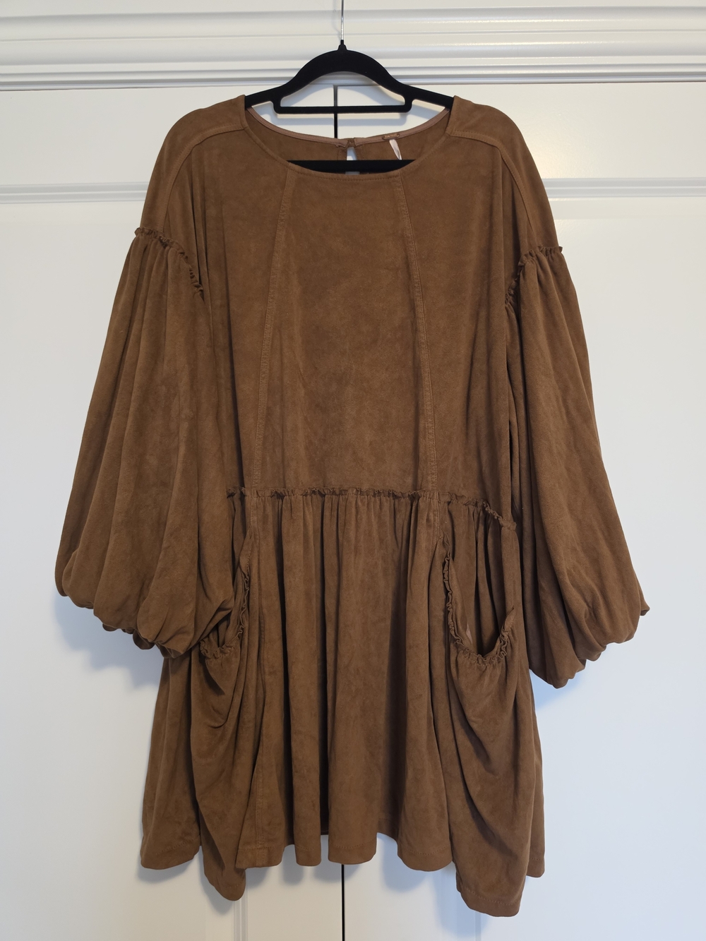 FREE PEOPLE ABBIE VEGAN SUEDE MINI DRESS BROWN SIZE L OVERSIZED BOHO - Picture 3 of 15
